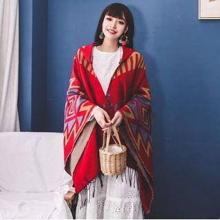 Chevron Hooded Shawl Red - One Size