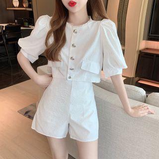 Set: Puff-sleeve Faux Pearl Trim Blouse + Shorts
