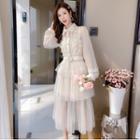 Set: Long-sleeve Lace-panel Shirtdress + Mesh Skirt