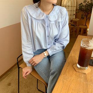 Frilled-collar Shirred-trim Blouse