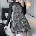 Set: Long-sleeve Mesh Top + Embellished Tweed Mini A-line Pinafore Dress