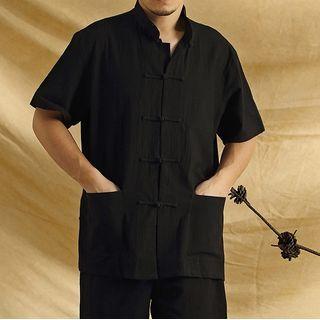 Lapel Plain Frog-button Short Sleeve Top