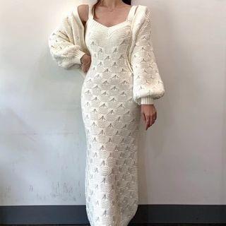 Set: Sleeveless Knit Midi Dress + Puff-sleeve Cardigan