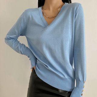 Long Sleeve V-neck Plain Loose-fit Sweater