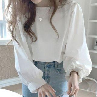 Lantern-sleeve Square Neck Plain Loose Fit Shirt