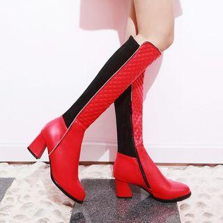 Color Panel Chunky Heel Knee-high Boots