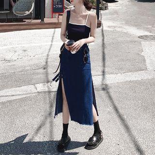 Slit Fitted Midi Denim Skirt