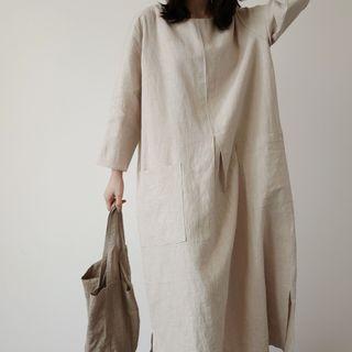 Long-sleeve Slit Linen Midi Dress