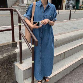 Pocket Detail Elbow-sleeve Maxi Denim Shirtdress Blue - One Size