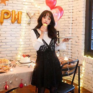 Set: Flared Lace Mini Pinafore Dress + Top