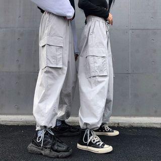 Drawstring-cuff Side-pocket Straight-cut Cargo Pants