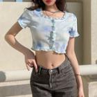 Short-sleeve Tie-dyed Ruffled Cropped Knit Top