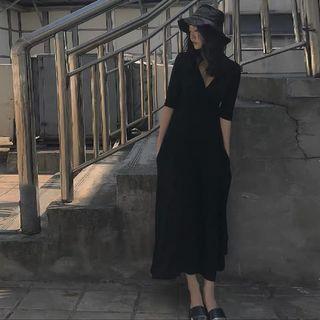 Elbow Sleeve V-neck Slit-hem A-line Dress
