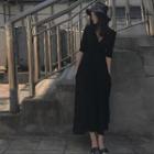 Elbow Sleeve V-neck Slit-hem A-line Dress