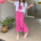Short-sleeve Floral Print T-shirt / Shirred Midi A-line Skirt