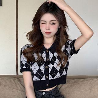 Short-sleeve Argyle Button-up Crop Top Black - One Size