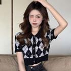 Short-sleeve Argyle Button-up Crop Top Black - One Size