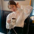 Lantern-sleeve Stand-collar Plain Shirt White - One Size