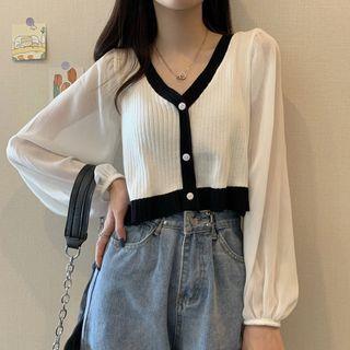 Long-sleeve V-neck Two-tone Chiffon Panel Knit Top