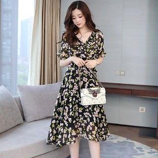 V-neck Floral Midi Chiffon Dress