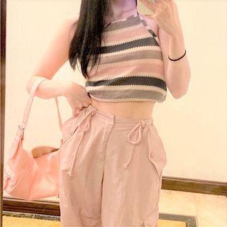 Set: Striped Top + Plain High-waist Wide Leg Cargo Pants
