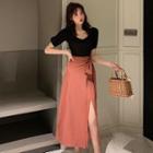 Short-sleeve Top / Wrap A-line Midi Skirt