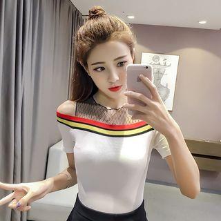 Mesh Panel Open Shoulder Short-sleeve Knit Top