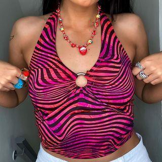 Halter Neck Striped Cropped Tank Top