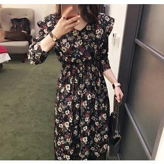 Cape-collar Lace-hem Floral Long Dress