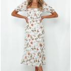 Short Sleeve Square-neck Floral Print Long Dress