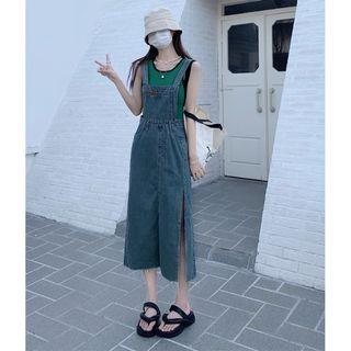 Suspender Plain Slit Denim Dress