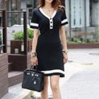 Short-sleeve Color Panel Mini A-line Knit Dress Black - One Size