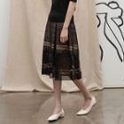 Lace-overlay Pleated Midi Skirt