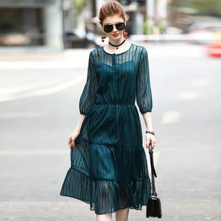Tulle 3/4-sleeve Striped Dress (with Slipdress, Belt)