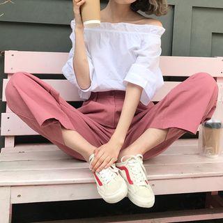Set: Off-shoulder Elbow-sleeve Top + High Waist Wide-leg Pants