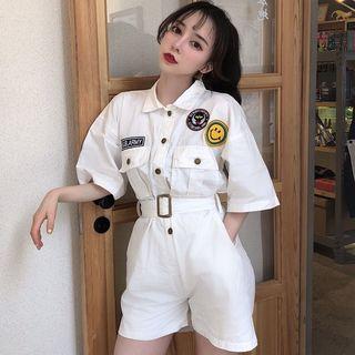 Applique Elbow-sleeve Playsuit