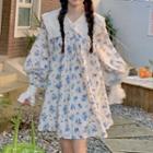 Puff Long-sleeve Peter-pan Collar Bow-accent Floral Dress