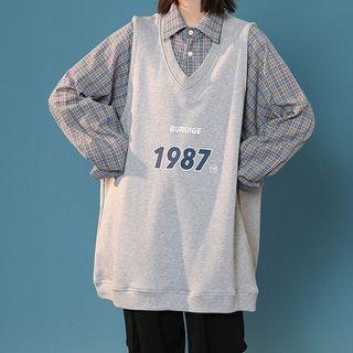 Mock Two-piece Numbering Plaid Shirt