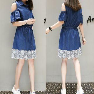Short-sleeve Lace Trim Denim Dress