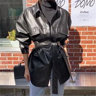 Flap-detail Pleather Shirt With Sash