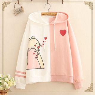 Bear Print Color-block Hoodie