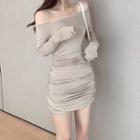 Off-shoulder Long-sleeve Mini Sheath Dress Nude - One Size