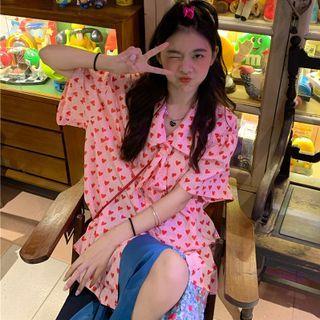 Puff-sleeve Collared Tie-neck Heart Print Blouse Pink - One Size