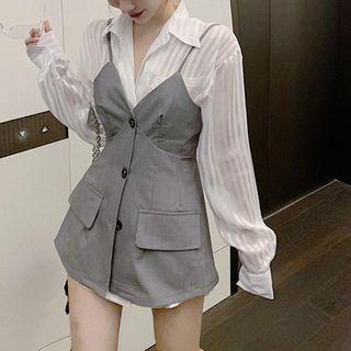 Striped Shirt / Mini A-line Pinafore Dress