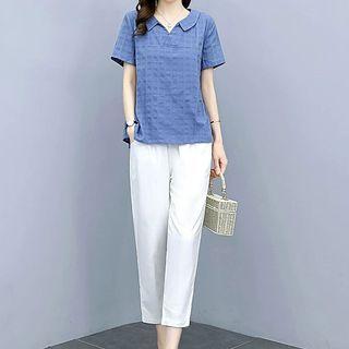 Set: Short-sleeve Plain Blouse + Tapered Cropped Pants