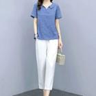 Set: Short-sleeve Plain Blouse + Tapered Cropped Pants