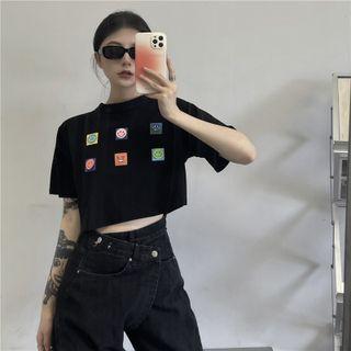 Short-sleeve Smiley Print Cropped T-shirt