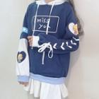 Printed Lace-up Hoodie Blue - One Size