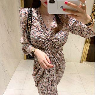Shirred-front Floral Print 3/4-sleeve Midi Sheath Dress