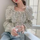 Puff-sleeve Floral Cropped Blouse Floral - One Size